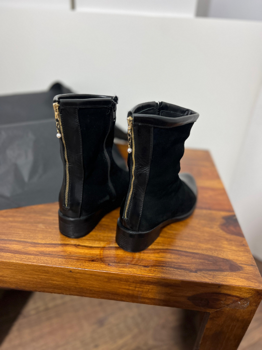 Cizme din piele neagra negru velur si piele negru box  cu talpa joasa [2]