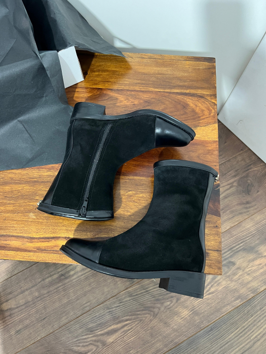 Cizme din piele neagra negru velur si piele negru box  cu talpa joasa [3]