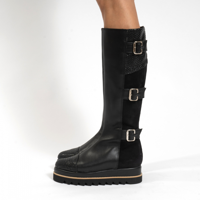 Cizme Everest, cu catarame, din piele naturala neagra, piele intorsa si piele texturata neagra [2]