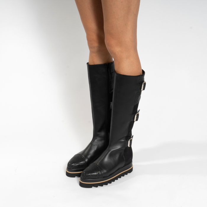 Cizme Everest, cu catarame, din piele naturala neagra, piele intorsa si piele texturata neagra [3]