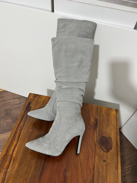 Cizme stiletto, cu pliuri, din piele intoarsa gri [2]