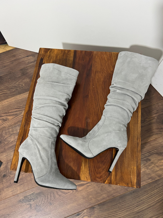 Cizme stiletto, cu pliuri, din piele intoarsa gri [1]