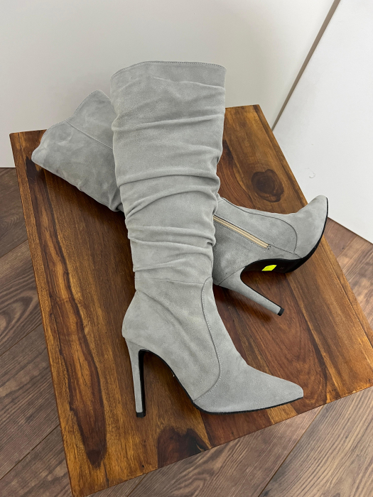 Cizme stiletto, cu pliuri, din piele intoarsa gri [3]