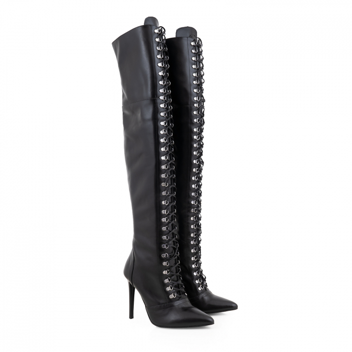 Cizme Stiletto peste genunchi,cu siret si capse metalice, din piele naturala neagra [2]
