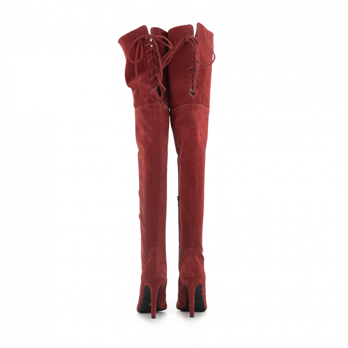 Cizme Stiletto peste genunchi ,din piele intoarsa burgundy [3]