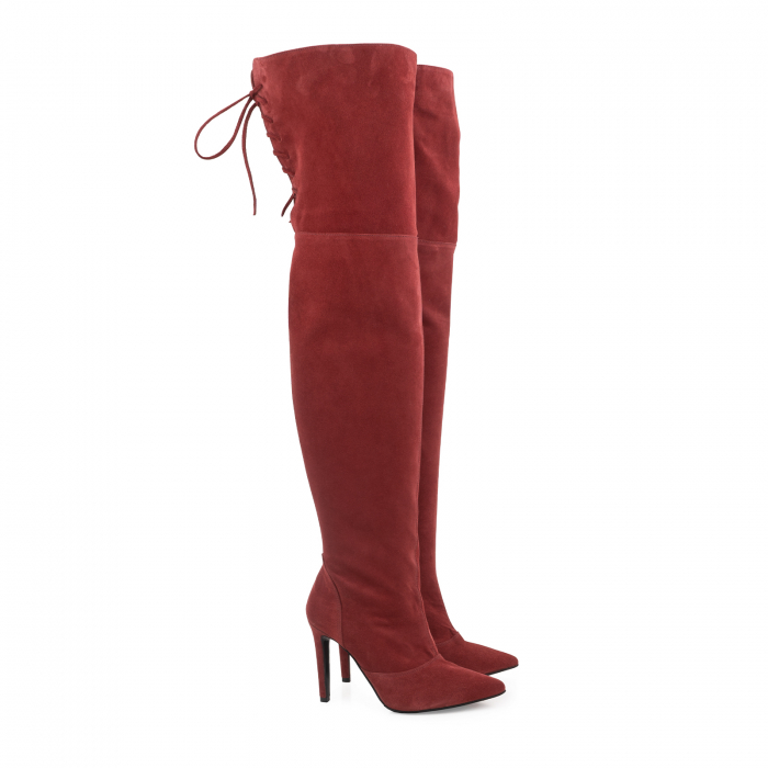 Cizme Stiletto peste genunchi ,din piele intoarsa burgundy [2]
