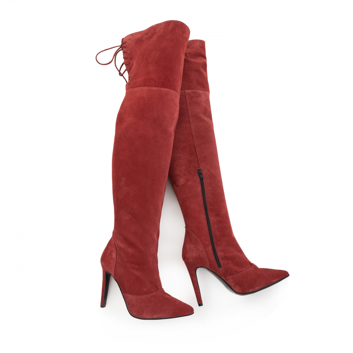 Cizme Stiletto peste genunchi ,din piele intoarsa burgundy [4]