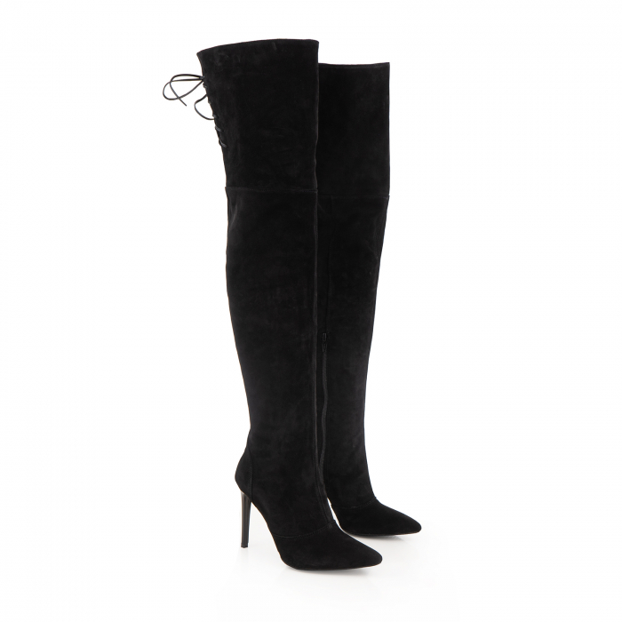 Cizme stiletto peste genunchi, din piele intoarsa neagra toc 10 cm [2]
