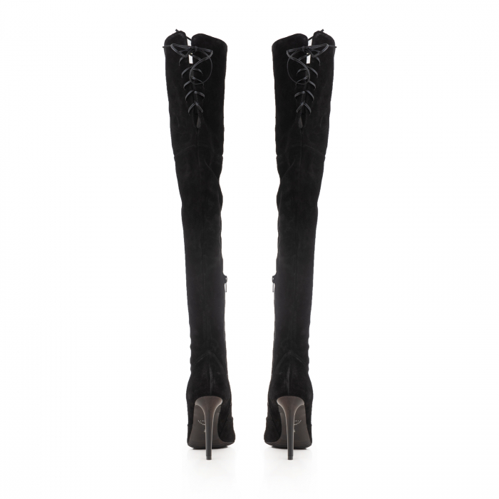 Cizme stiletto peste genunchi, din piele intoarsa neagra toc 10 cm [4]