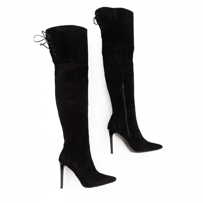 Cizme stiletto peste genunchi, din piele intoarsa neagra toc 10 cm [3]