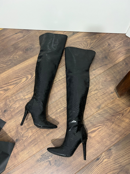 Cizme Stiletto peste genunchi, din piele naturala negru sarpe [3]