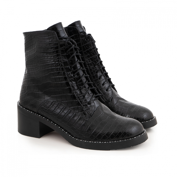 Ghete Brenda, cu siret, din piele naturala neagra cu aspect tip croco [2]