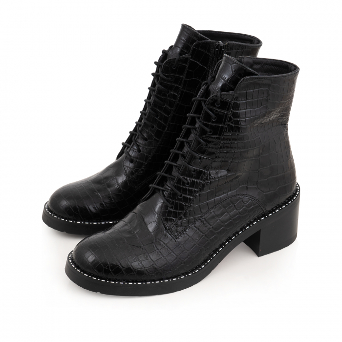 Ghete Brenda, cu siret, din piele naturala neagra cu aspect tip croco [3]