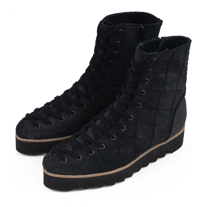 Ghete Everest cu siret, din piele intoarsa neagra cu aspect tip croco [3]