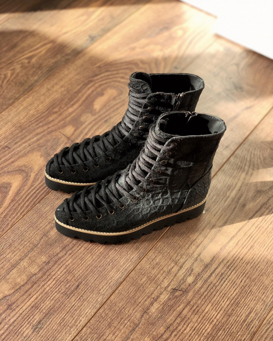 Ghete Everest cu siret, din piele intoarsa neagra cu aspect tip croco [2]