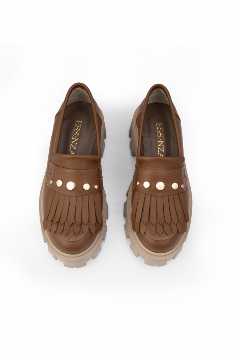 Pantofi Arya Light Brown, cu franjuri si capse aurii [4]