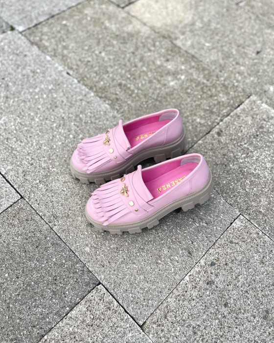 Pantofi Arya Powder Pink, cu franjuri si capse aurii [4]