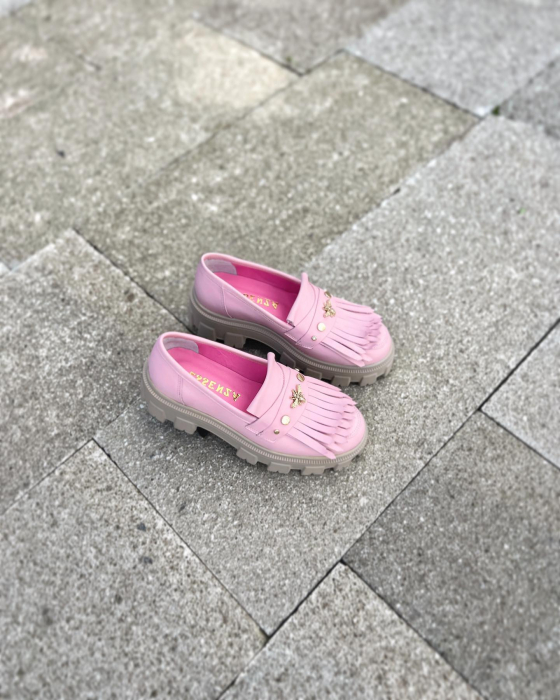Pantofi Arya Powder Pink, cu franjuri si capse aurii [5]