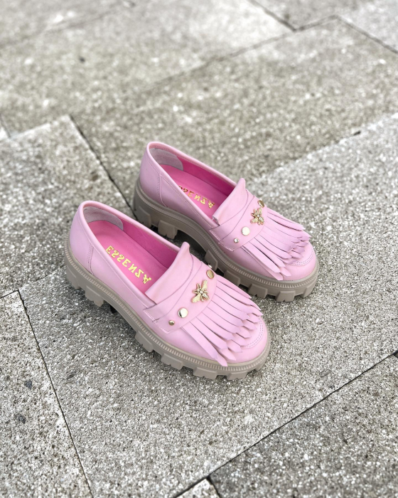 Pantofi Arya Powder Pink, cu franjuri si capse aurii [6]