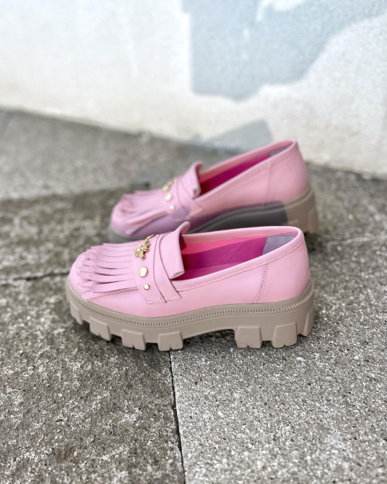 Pantofi Arya Powder Pink, cu franjuri si capse aurii [3]