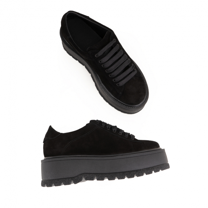 Pantofi cu talpă groasă, realizati din piele naturala intoarsa, neagra [4]