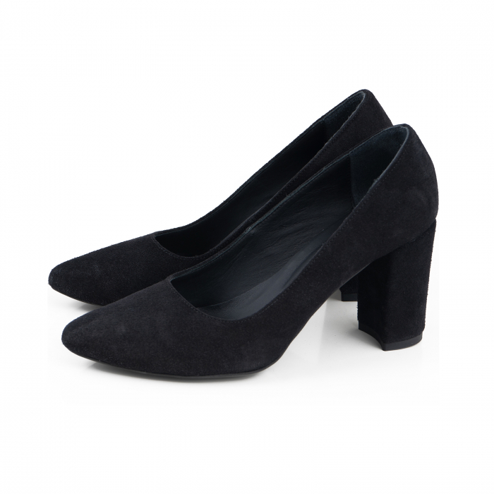 Pantofi cu toc patrat, din piele intoarsa neagra [2]