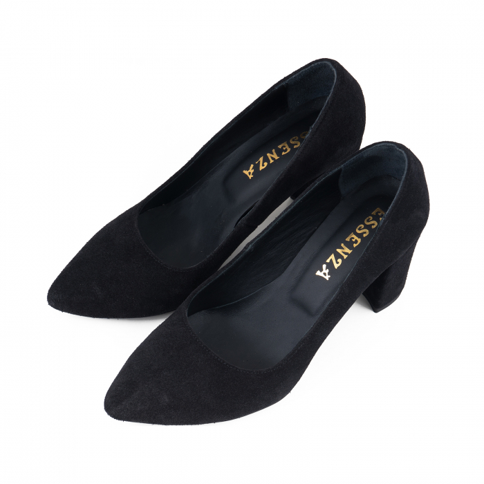 Pantofi cu toc patrat, din piele intoarsa neagra [3]