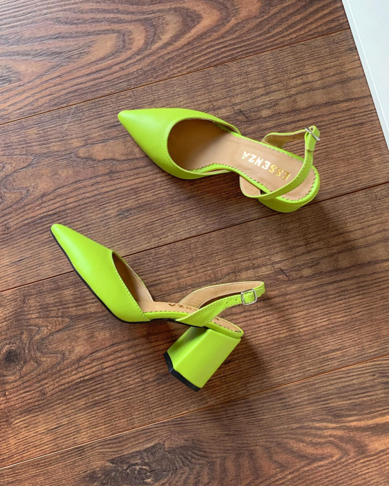 Pantofi cu varf ascutit decupati, cu bareta peste calcai, din piele naturala verde neon [2]