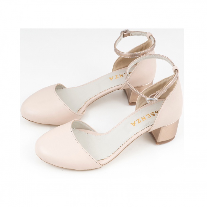 Pantofi cu varf rotund, cu decupaj si bareta la calcai, din piele nude rose si piele sidefata bronz [3]