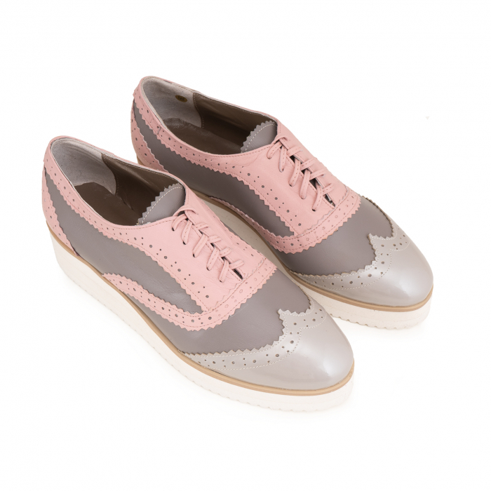 Pantofi oxford,din piele si piele lacuita in nuante de roz pal si gri [3]