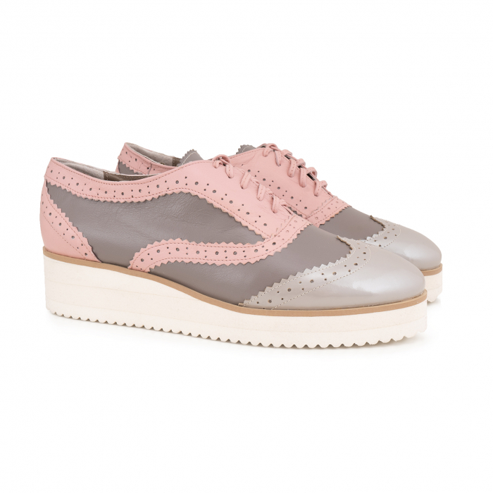 Pantofi oxford,din piele si piele lacuita in nuante de roz pal si gri [2]