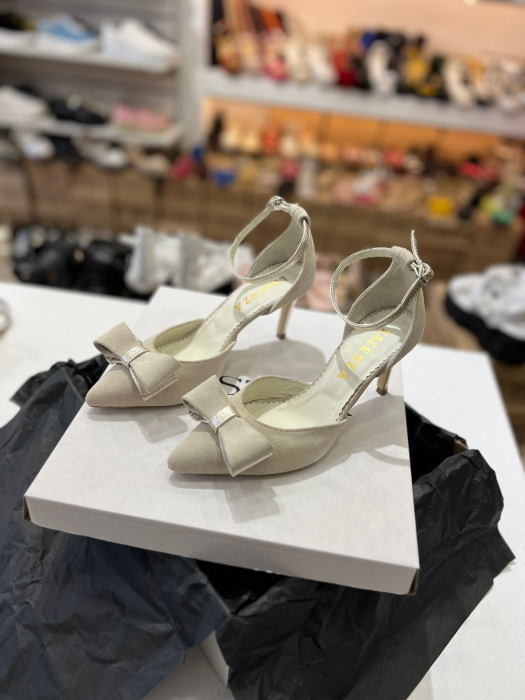 Pantofi stiletto cu funda dubla, din piele naturala bej si auriu pal [3]