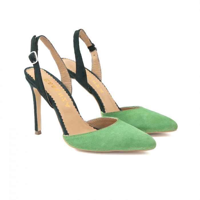 Pantofi stiletto decupati cu bareta de sustinere la calcai. Realizati din piele intoarsa verde deschis si verde inchis. [3]