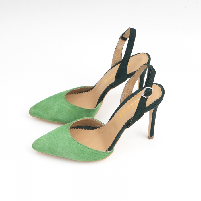 Pantofi stiletto decupati cu bareta de sustinere la calcai. Realizati din piele intoarsa verde deschis si verde inchis. [2]