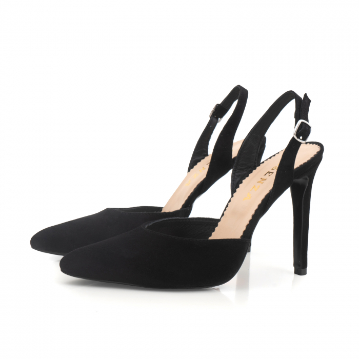 Pantofi stiletto decupati cu bareta de sustinere la calcai, realizati din piele naturala intoarsa neagra [2]