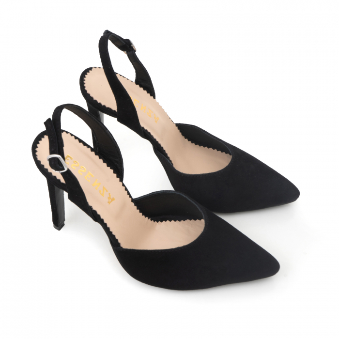 Pantofi stiletto decupati cu bareta de sustinere la calcai, realizati din piele naturala intoarsa neagra [3]