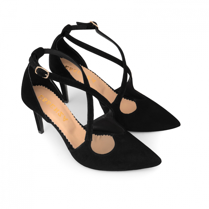 Pantofi stiletto decupati, cu barete incrucisate peste rist, din piele naturala intoarsa, neagra. [2]
