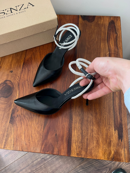 Pantofi stiletto decupati, din piele naturala neagra si barete de cristal la glezna [2]