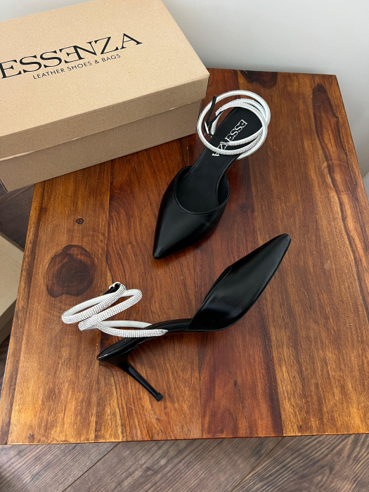 Pantofi stiletto decupati, din piele naturala neagra si barete de cristal la glezna [3]