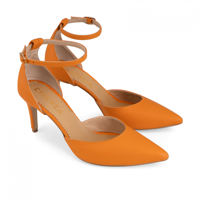 Pantofi stiletto decupati, din piele naturala portocalie, cu toc de 7 cm imbracat in piele . [2]