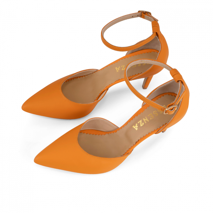 Pantofi stiletto decupati, din piele naturala portocalie, cu toc de 7 cm imbracat in piele . [3]