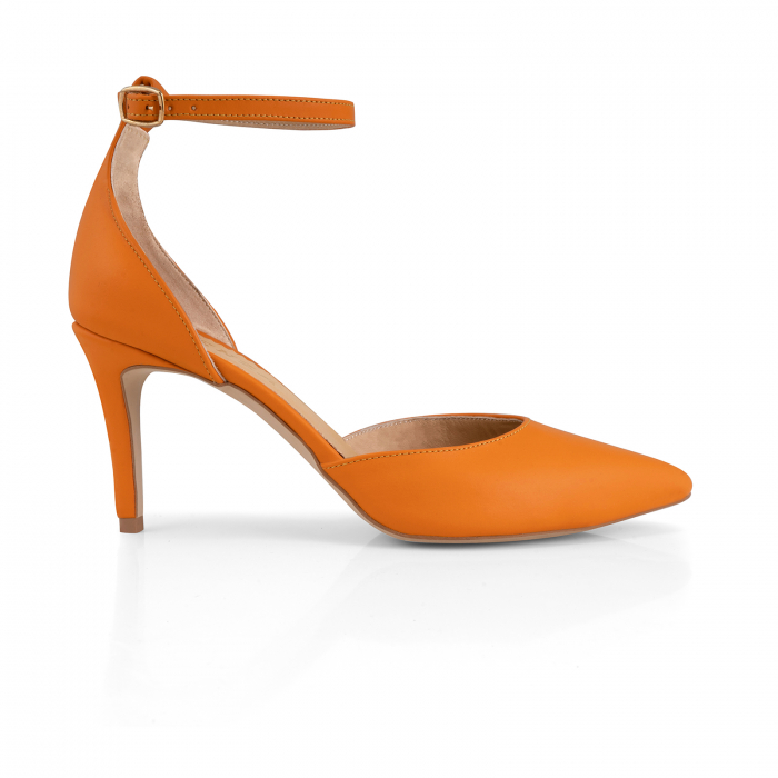 Pantofi stiletto decupati, din piele naturala portocalie, cu toc de 7 cm imbracat in piele . [1]