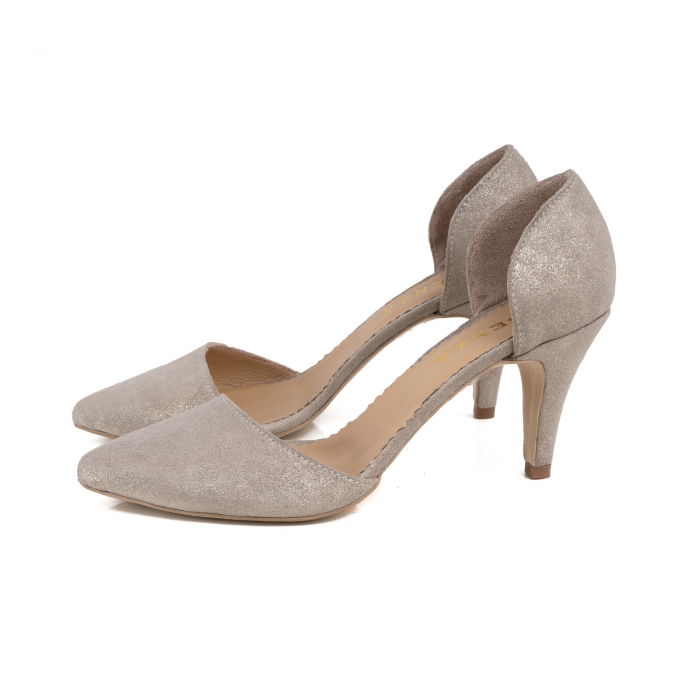 Pantofi stiletto decupati interior/exterior, realizati din piele intoarsa crem glitter [2]