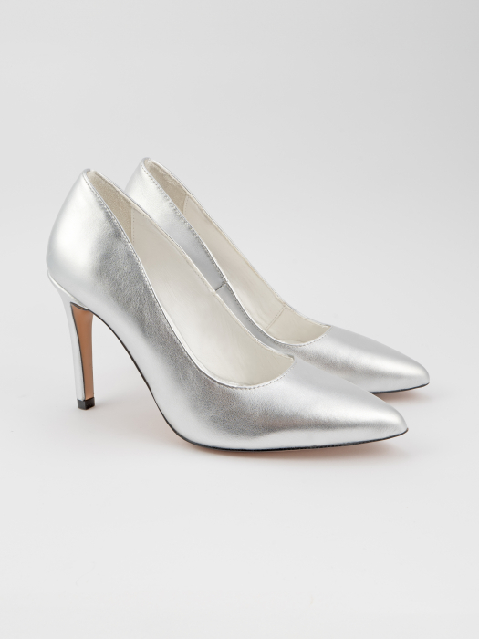 Pantofi stiletto decupati, realizati din piele naturala argintie  [3]