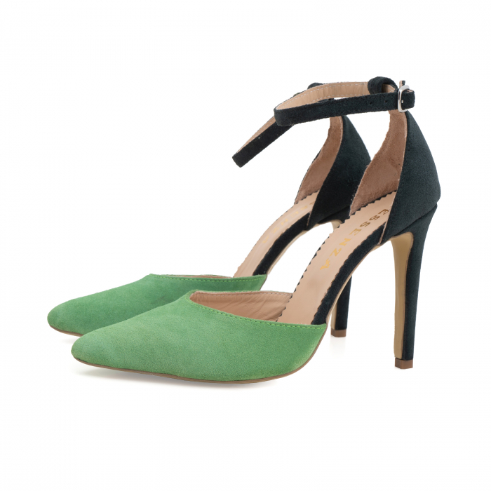 Pantofi stiletto decupati, realizati din piele naturala intoarsa verde inchis si verde menta [2]
