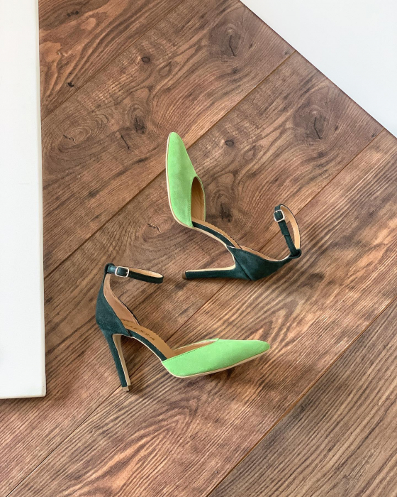 Pantofi stiletto decupati, realizati din piele naturala intoarsa verde inchis si verde menta. [3]
