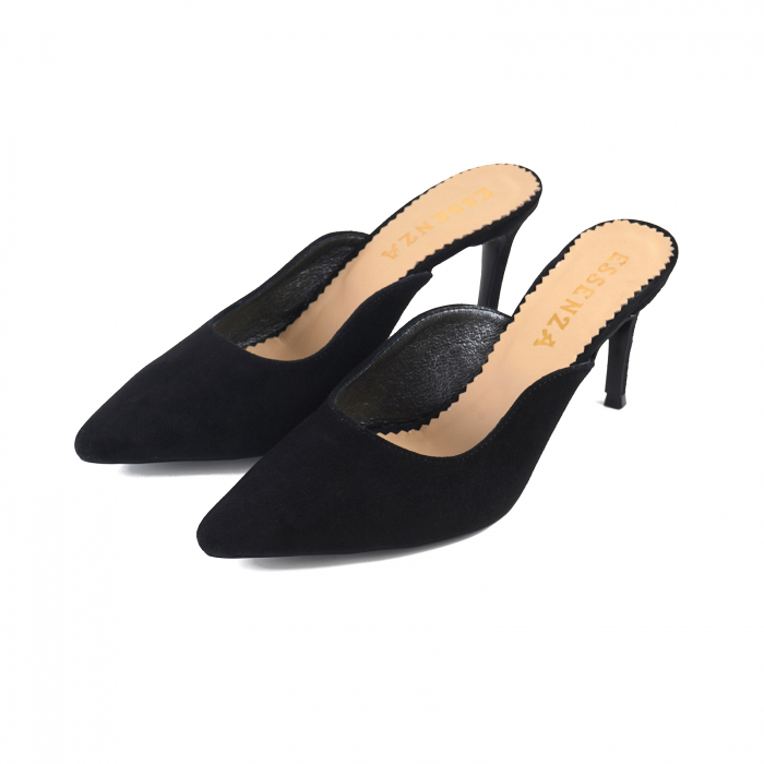 Pantofi stiletto decupati, tip sabot,  din piele intoarsa neagra [2]