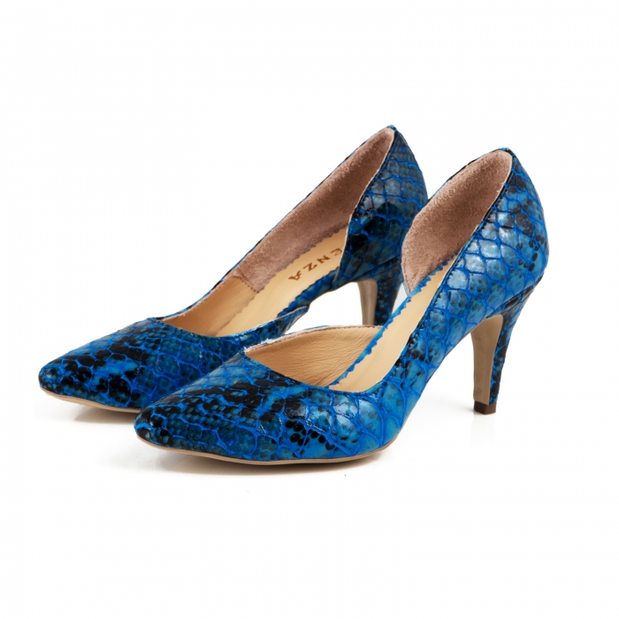 Pantofi stiletto din piele lacuita cu aspect tip sarpe, albastru, cu decupaj interior [2]