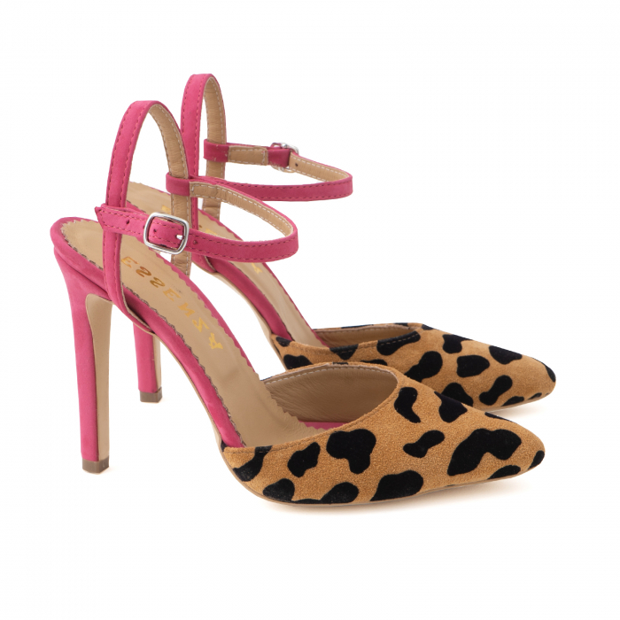 Pantofi stiletto din piele intoarsa cu animal print si piele nabuc roz ciclam. [3]