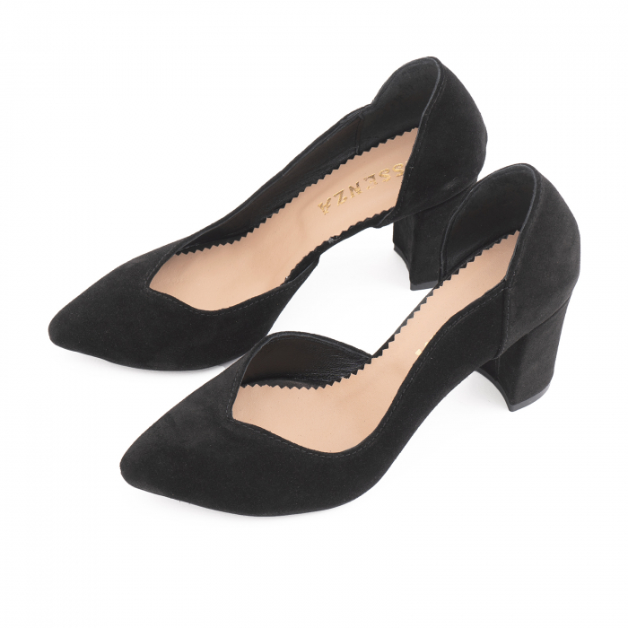 Pantofi stiletto din piele intoarsa neagra, cu decupaj interior intr-o linie eleganta [2]
